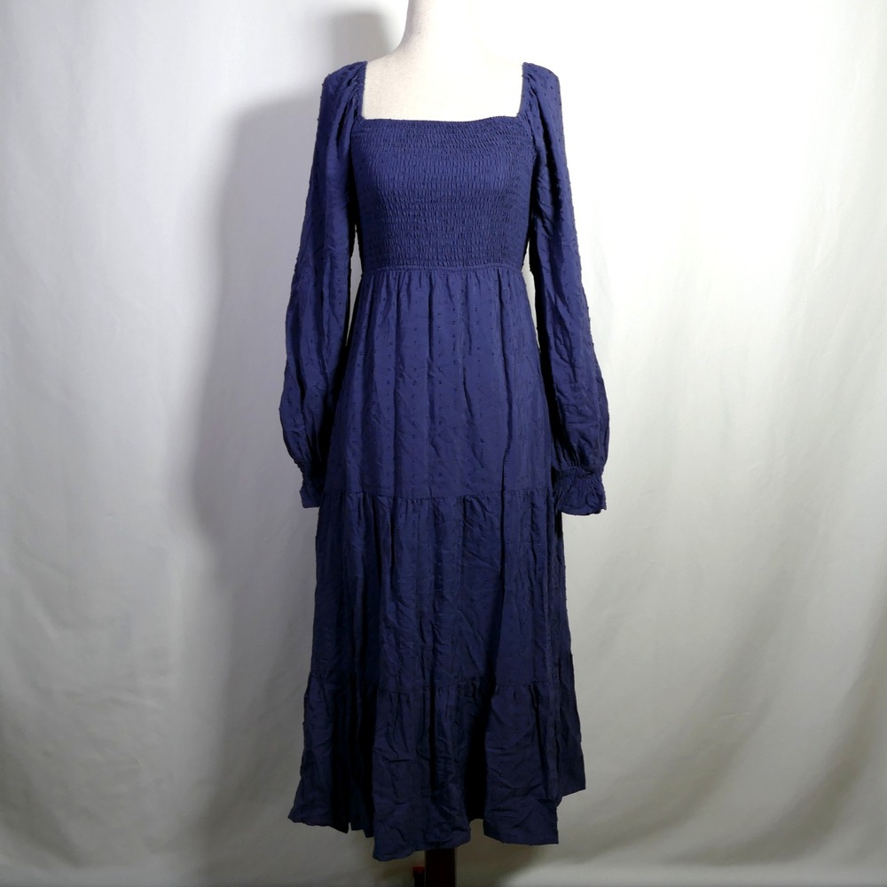 Womens Cottagecore Tiered Milkmaid Midi Dress Size S Tie Back Smocked Prairie